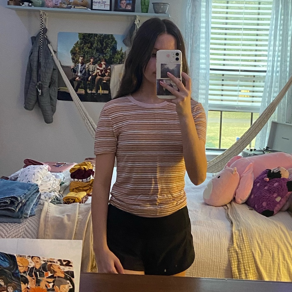 pink gold brown and white striped american eagle shirt